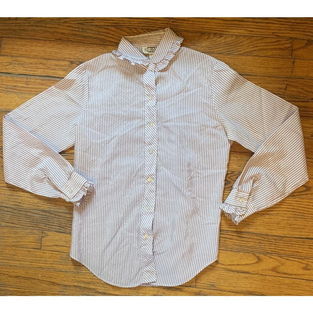 Vintage Sears JR Ruffle Top Women’s Junior 7 Button Shirt Burgundy Stripe
